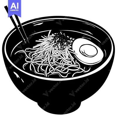 Aset desain premium: Black and White Illustration of a Bowl of Ramen Noodles with an Egg an