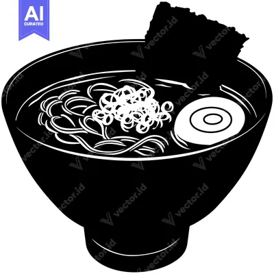 Black and White Silhouette of a Bowl of Ramen with Toppings