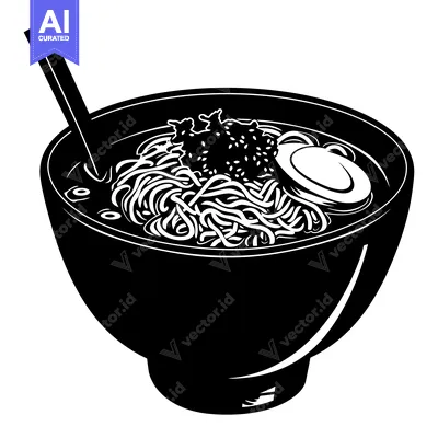 Premium design asset: Black and White Illustration of a Bowl of Ramen Noodles with a Chopsti