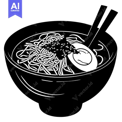 Black and White Illustration of a Bowl of Ramen Noodles