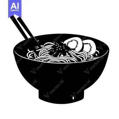 Aset premium populer: Black and White Illustration of a Bowl of Noodles with Chopsticks