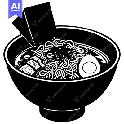 Aset premium populer: Black and White Illustration of a Bowl of Ramen with a Slice of Pork a