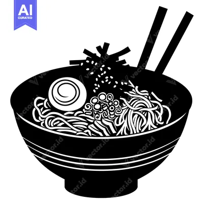 A Black and White Illustration of a Bowl of Ramen Noodles with Chopsti