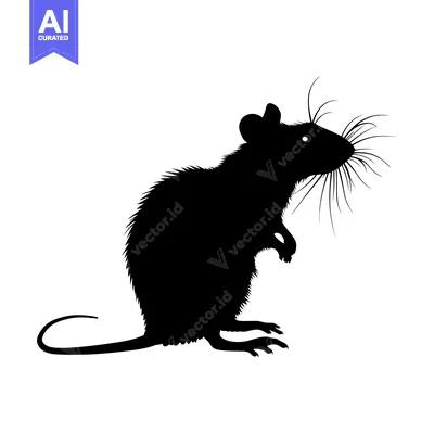 Black silhouette of a rat with whiskers standing on its hind legs.