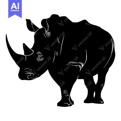 Aset desain premium: Black and White Silhouette of a Rhino Standing