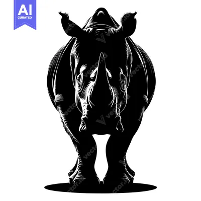 Aset desain premium: Black and White Silhouette of a Rhino Standing Tall