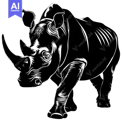 Aset desain premium: Black and White Silhouette of a Charging Rhinoceros