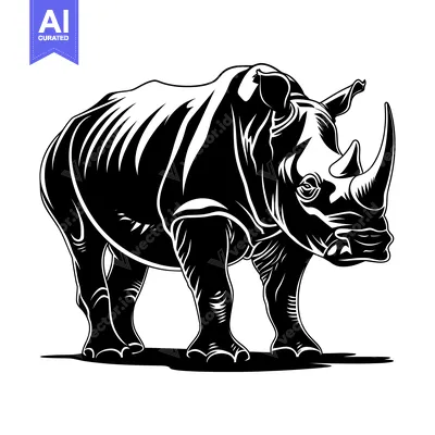 Aset desain premium: Black and White Illustration of a Standing Rhino