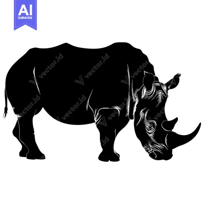 Aset desain premium: A black and white silhouette of a rhinoceros with its horn pointed tow