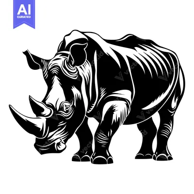 Black and white illustration of a rhinoceros standing