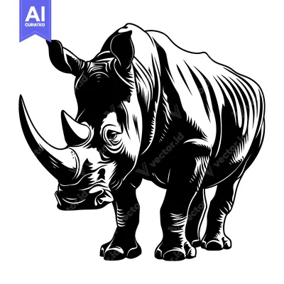 Aset desain premium: Black and White Illustration of a Rhino Standing
