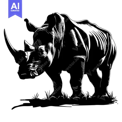 Premium design asset: Black and White Illustration of a Rhinoceros Standing in Grass
