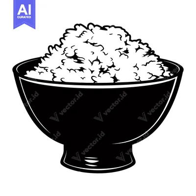 Aset premium populer: A black and white illustration of rice in a bowl