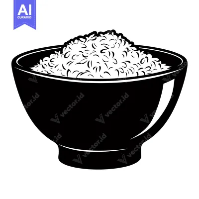 Aset premium populer: A bowl of rice with a black and white silhouette design