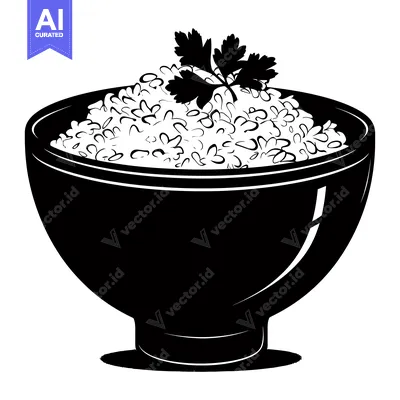Aset desain premium: Black and White Illustration of Rice in a Bowl with Parsley