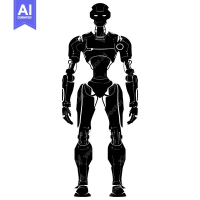 Aset desain premium: Black and White Silhouette of a Standing Robot