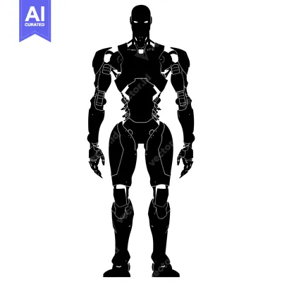 Aset desain premium: A Silhouette of a Robot with a Muscular Build, Standing in a Neutral S