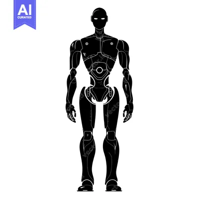 Aset desain premium: Black and white silhouette of a humanoid robot standing upright.