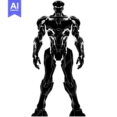 Aset desain premium: Black and White Silhouette of a Futuristic Robot with a Detailed Desig