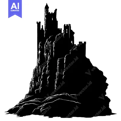 Aset desain premium: A Silhouetted Castle Built on a Rocky Cliff