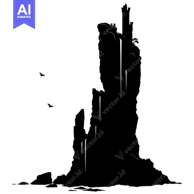 Black and White Silhouette of a Cliffside Castle with Flying Birds