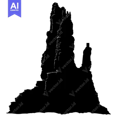 A silhouette of a towering rock formation with jagged edges and a smal