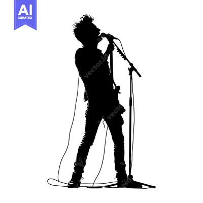 Aset premium populer: Silhouette of a Male Musician Singing into a Microphone while Holding