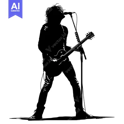 Aset premium populer: Silhouette of a Rock Guitarist Singing and Playing Guitar