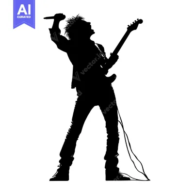 Aset premium populer: Silhouette of a Rock Star Singing and Playing Guitar