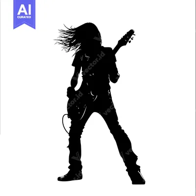 Premium design asset: Silhouette of a Person Playing an Electric Guitar with Long Hair