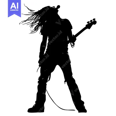Aset premium populer: Silhouette of a Musician with Long Hair Playing a Bass Guitar