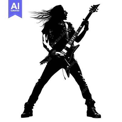 Aset desain premium: Silhouette of a Rock Star with a Guitar and Flowing Hair