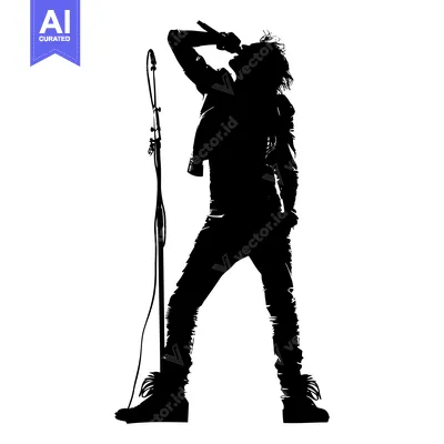 Aset premium populer: Silhouette of a Rock Singer Performing on Stage with a Microphone