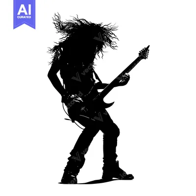 Aset desain premium: Silhouette of a Rock Star with Long Hair Playing an Electric Guitar