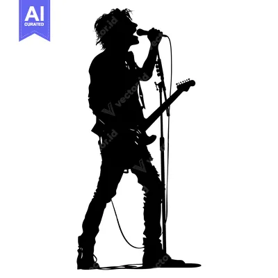 Silhouette of a rock musician performing with a guitar and microphone