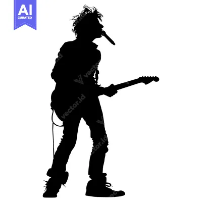 Silhouette of a musician playing a guitar and singing into a microphon