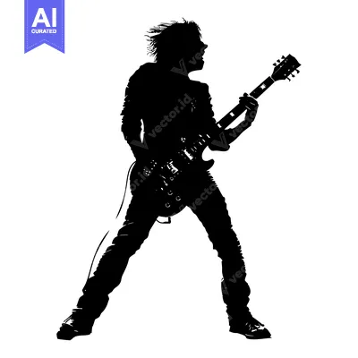Aset premium populer: Silhouette of a Rock Guitarist Playing Electric Guitar