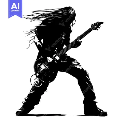 Aset desain premium: Silhouette of a Long-Haired Musician Playing an Electric Guitar