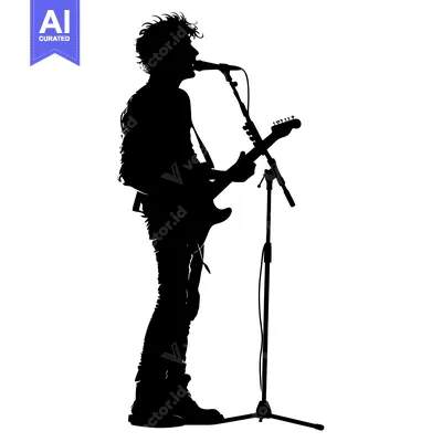 Aset premium populer: Silhouette of a Musician Singing into a Microphone while Playing Guita