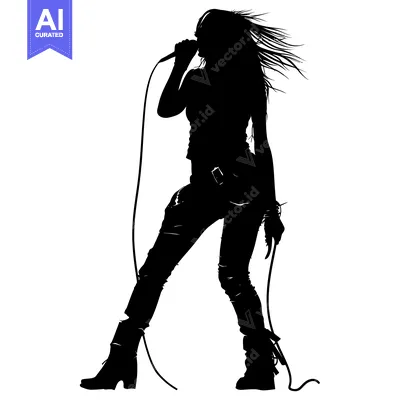 Aset premium populer: Silhouette of a Female Singer with Microphone and Long Flowing Hair