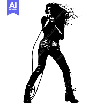 Aset desain premium: Silhouette of a Woman Singing into a Microphone with Long Flowing Hair