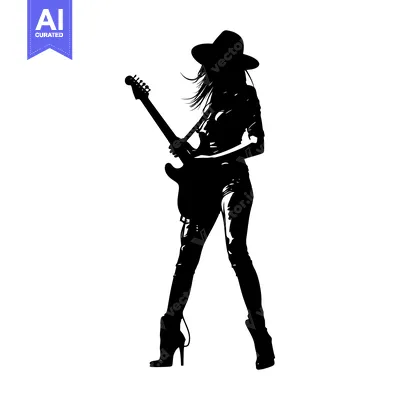Aset desain premium: Silhouette of a Woman in a Hat Playing an Electric Guitar