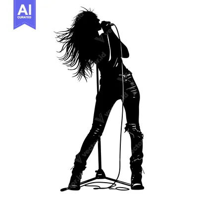 Aset desain premium: Silhouette of a Female Rock Singer Holding a Microphone