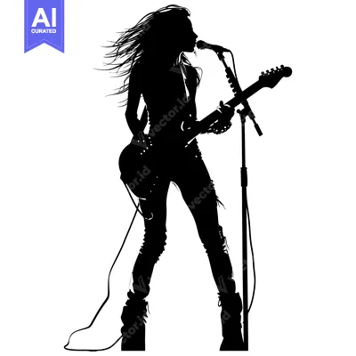 Aset desain premium: Silhouette of a Female Musician Singing and Playing Guitar