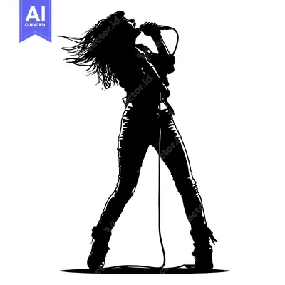 Aset desain premium: Silhouette of a Female Rock Singer Performing with a Microphone