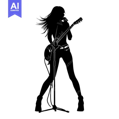 Aset premium populer: Silhouette of a woman playing a guitar and singing into a microphone