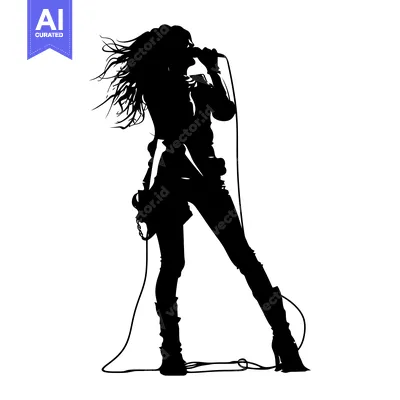 Aset desain premium: Silhouette of a Female Singer Performing with a Microphone