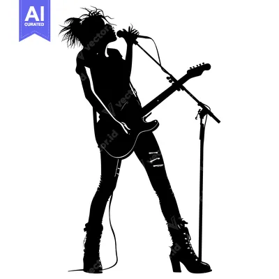 Aset desain premium: Silhouette of a Female Rock Musician Singing and Playing Guitar