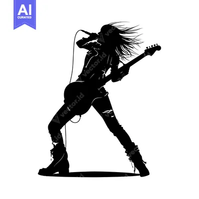 Aset desain premium: Silhouette of a female rock star singing into a microphone while playi