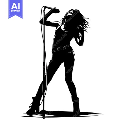 Aset desain premium: Silhouette of a female vocalist singing into a microphone